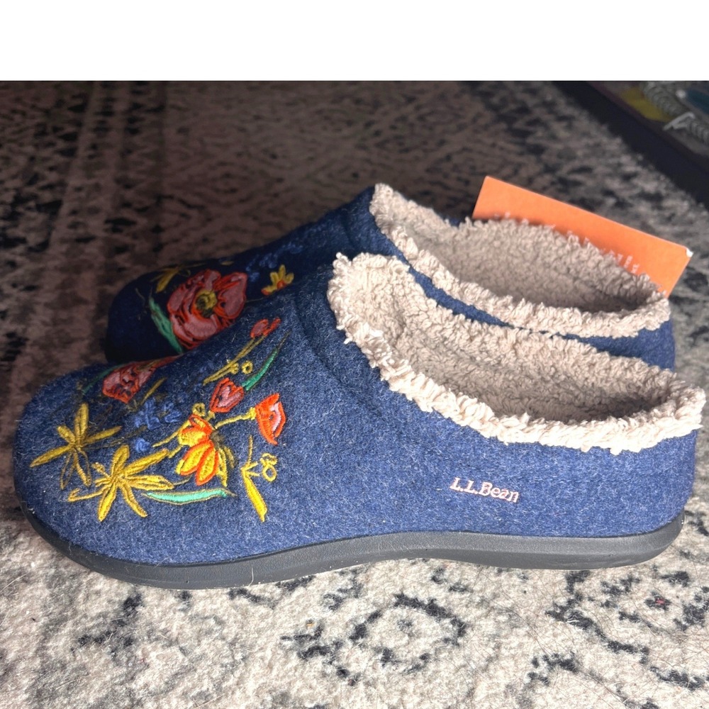 LL Bean Jess Franks Daybreak Scuffs Navy Blue Floral Wool Slippers Womens 9 NEW - Picture 5 of 9